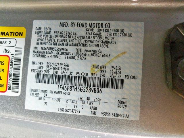 Ford Mustang 2016, VIN 1FA6P8TH5G5289806, 9/20