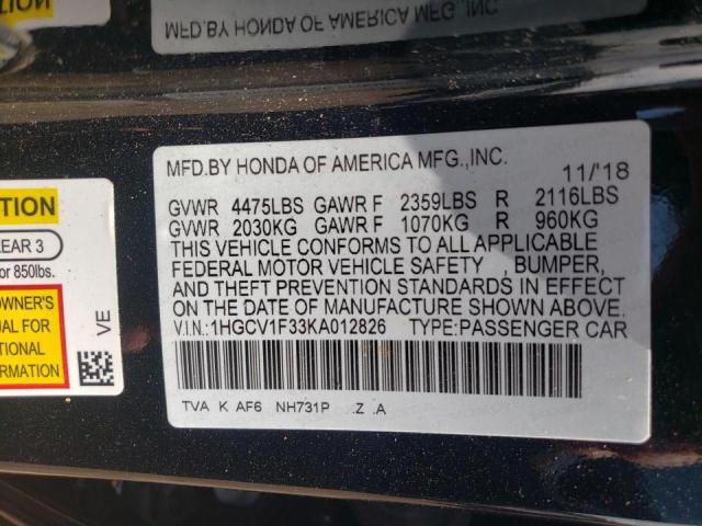 Honda Accord 2019, VIN 1HGCV1F33KA012826, 10/21