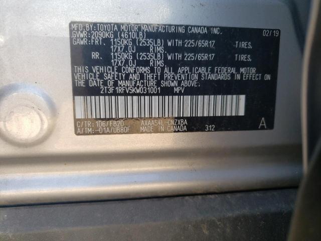 Toyota RAV4 2019, VIN 2T3F1RFV5KW031001, 10/21