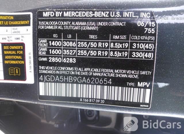 Mercedes-Benz GLE-Class 2016, VIN 4JGDA5HB9GA620654, 9/21