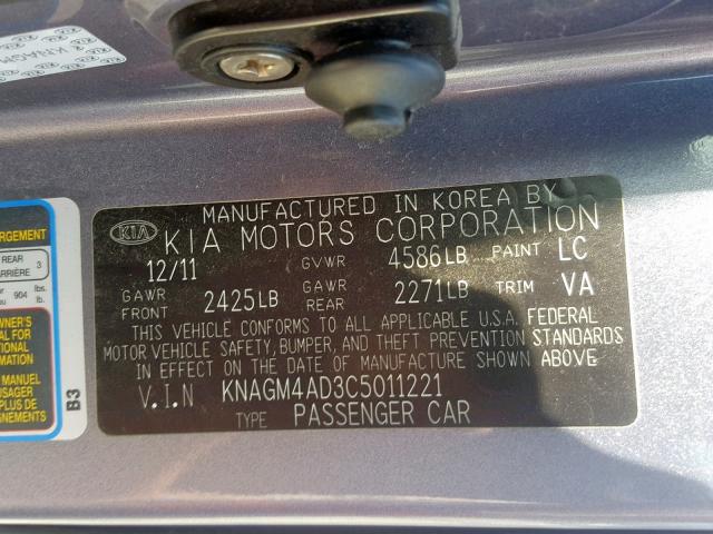 KIA Optima 2012, VIN KNAGM4AD3C5011221, 10/21