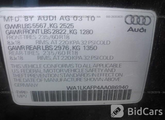 Audi Q5 2010, VIN WA1LKAFP4AA086940, 9/21